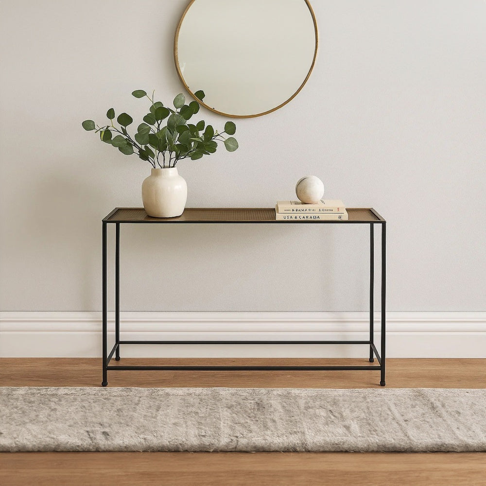 Aurelia 48 Inch Console Sofa Table, Artisanal Hammered Antique Bronze Tray Top, Industrial Black Iron Frame - UPT-286692