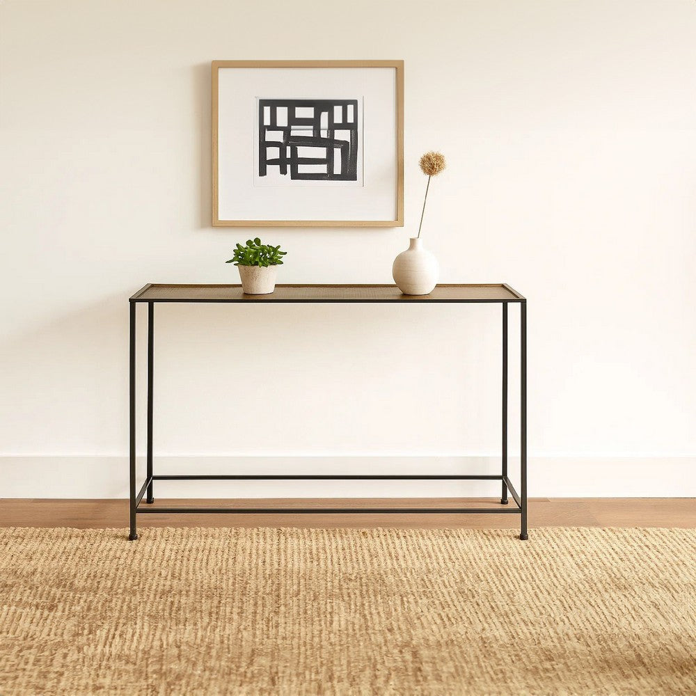 Aurelia 48 Inch Console Sofa Table, Artisanal Hammered Antique Bronze Tray Top, Industrial Black Iron Frame - UPT-286692