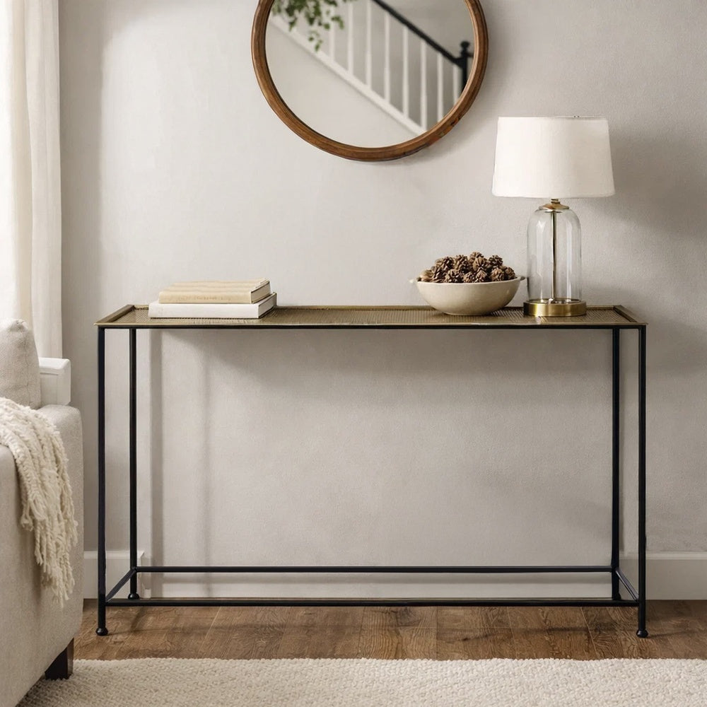 Aurelia 48 Inch Console Sofa Table, Artisanal Hammered Antique Bronze Tray Top, Industrial Black Iron Frame - UPT-286692