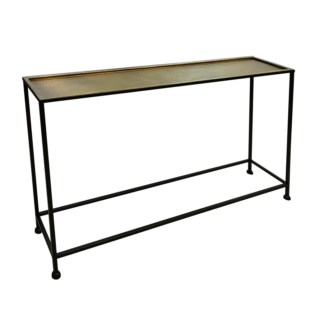 Aurelia 48 Inch Console Sofa Table, Artisanal Hammered Antique Bronze Tray Top, Industrial Black Iron Frame - UPT-286692