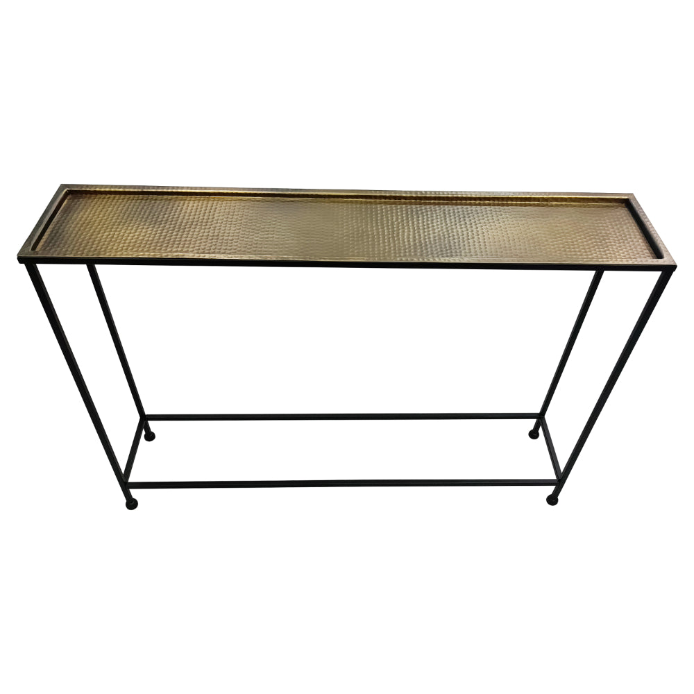 Aurelia 48 Inch Console Sofa Table, Artisanal Hammered Antique Bronze Tray Top, Industrial Black Iron Frame - UPT-286692