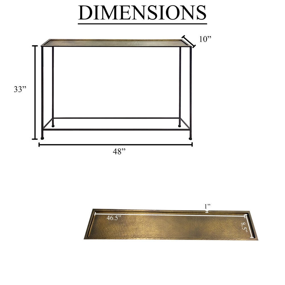 Aurelia 48 Inch Console Sofa Table, Artisanal Hammered Antique Bronze Tray Top, Industrial Black Iron Frame - UPT-286692