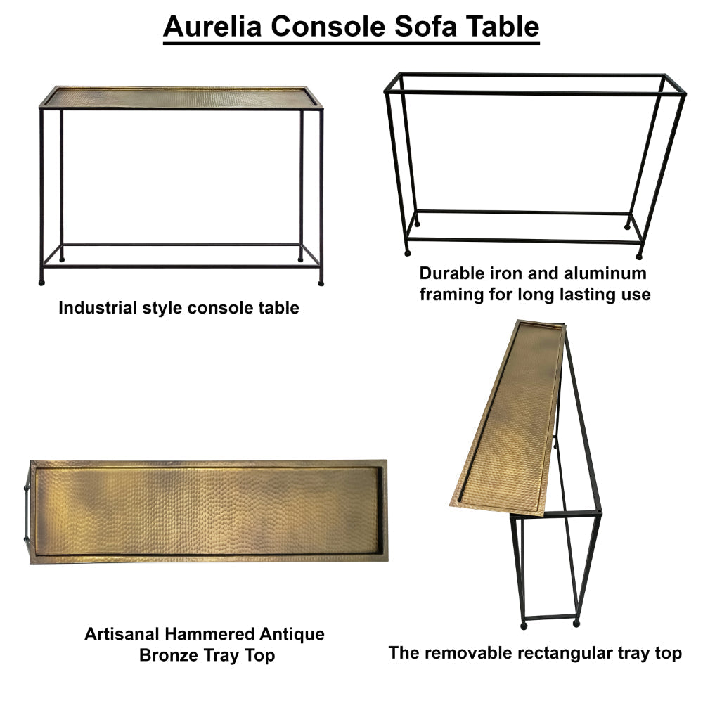 Aurelia 48 Inch Console Sofa Table, Artisanal Hammered Antique Bronze Tray Top, Industrial Black Iron Frame - UPT-286692