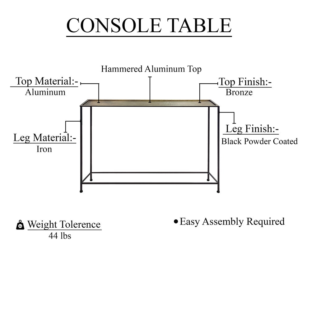 Aurelia 48 Inch Console Sofa Table, Artisanal Hammered Antique Bronze Tray Top, Industrial Black Iron Frame - UPT-286692