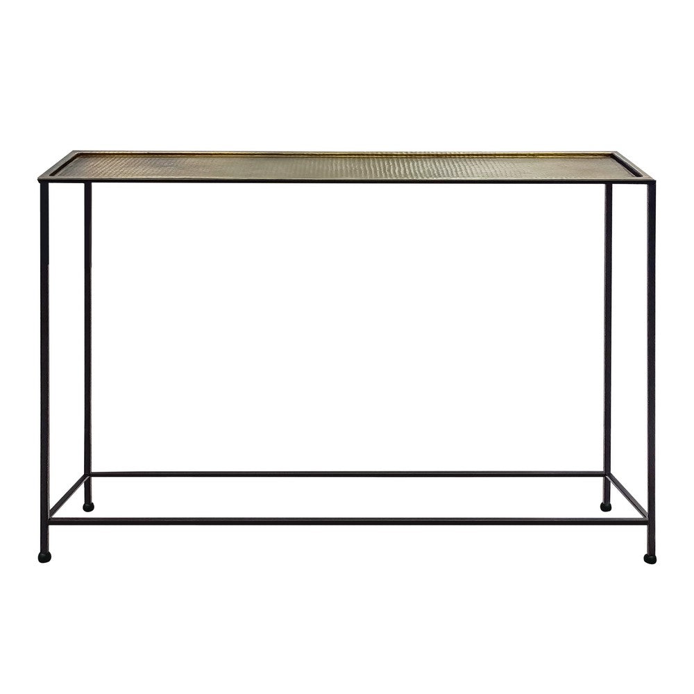 Aurelia 48 Inch Console Sofa Table, Artisanal Hammered Antique Bronze Tray Top, Industrial Black Iron Frame - UPT-286692