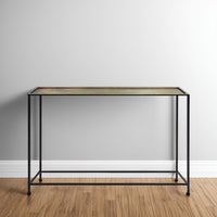 Aurelia 48 Inch Console Sofa Table, Artisanal Hammered Antique Bronze Tray Top, Industrial Black Iron Frame - UPT-286692