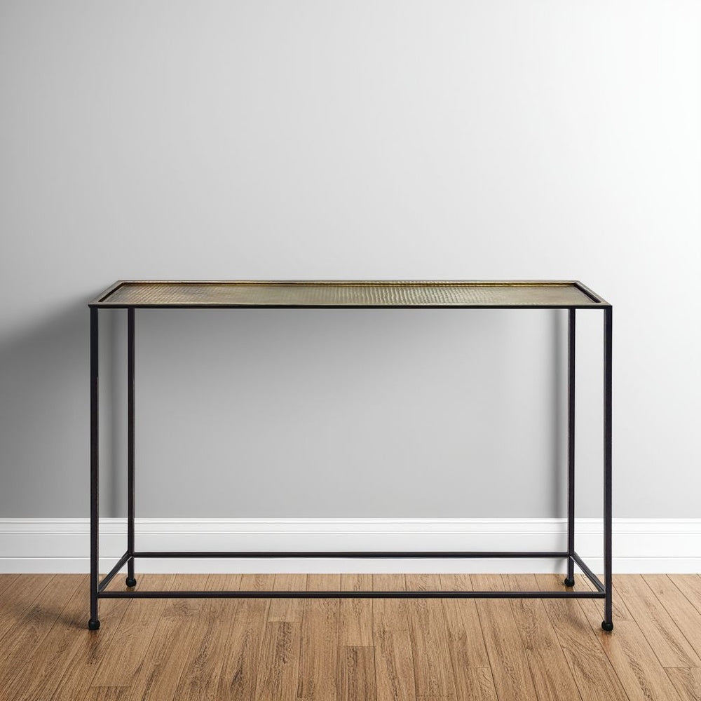 Aurelia 48 Inch Console Sofa Table, Artisanal Hammered Antique Bronze Tray Top, Industrial Black Iron Frame - UPT-286692