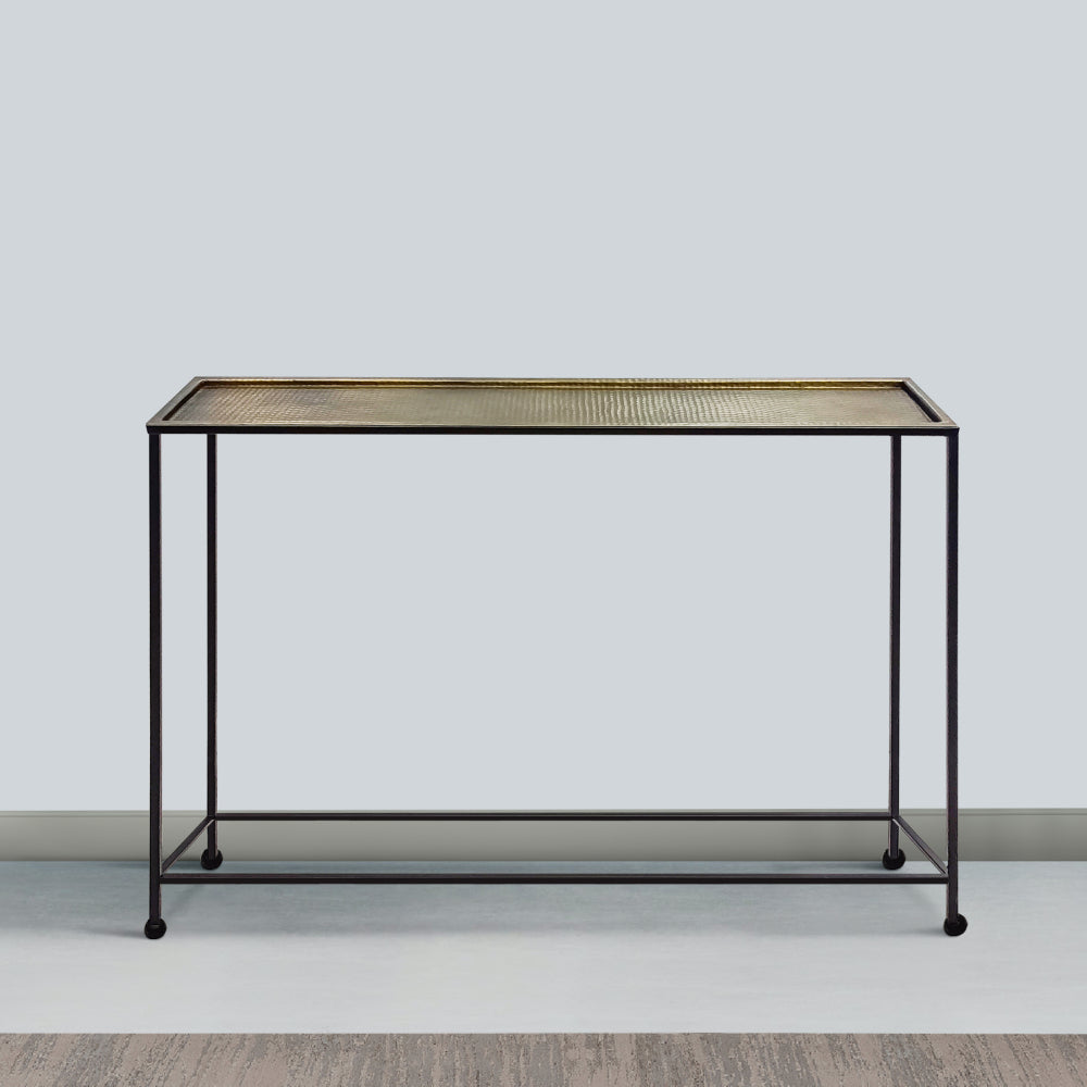 Aurelia 48 Inch Console Sofa Table, Artisanal Hammered Antique Bronze Tray Top, Industrial Black Iron Frame - UPT-286692