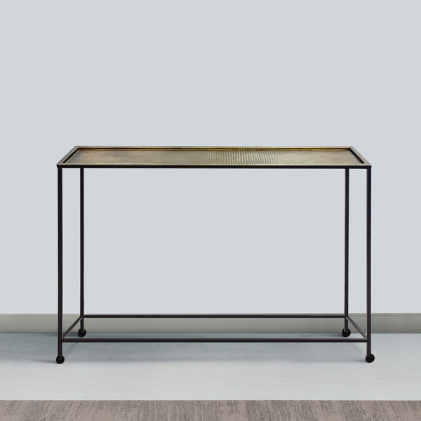 Aurelia 48 Inch Console Sofa Table, Artisanal Hammered Antique Bronze Tray Top, Industrial Black Iron Frame - UPT-286692