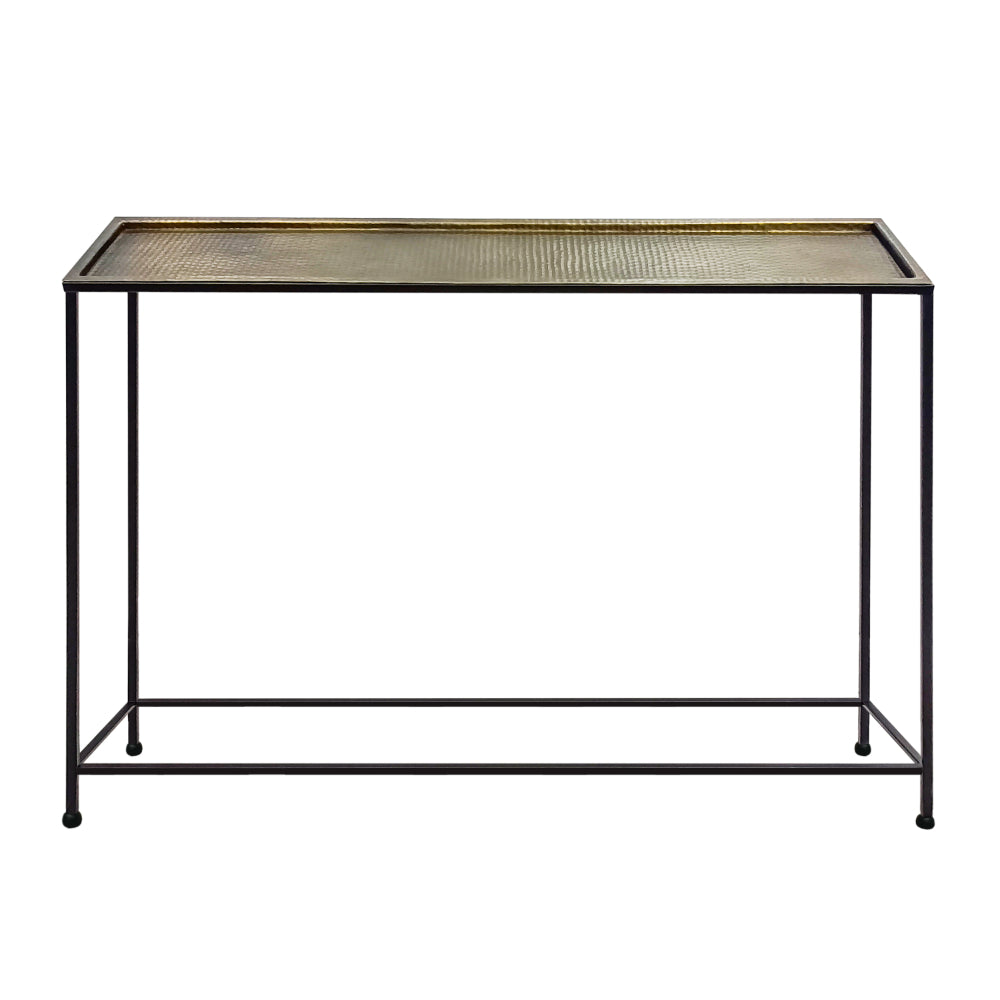Aurelia 48 Inch Console Sofa Table, Artisanal Hammered Antique Bronze Tray Top, Industrial Black Iron Frame - UPT-286692