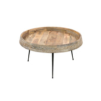 Gia 29 Inch Modern Handcrafted Round Coffee Table, Natural Brown Wood Top with Carved Edge, Black Iron Legs - UPT-293094