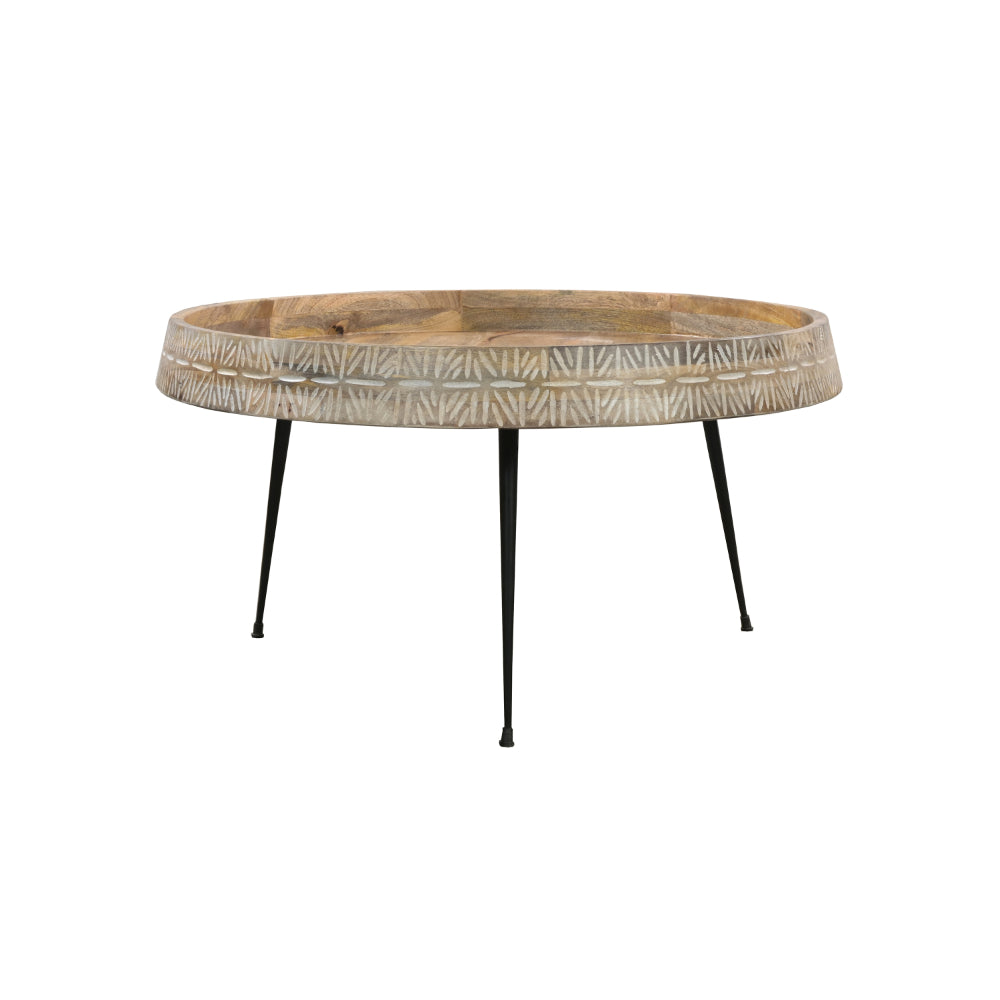 Gia 29 Inch Modern Handcrafted Round Coffee Table, Natural Brown Wood Top with Carved Edge, Black Iron Legs - UPT-293094