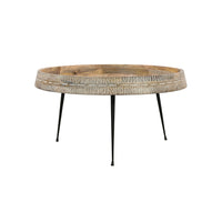 Gia 29 Inch Modern Handcrafted Round Coffee Table, Natural Brown Wood Top with Carved Edge, Black Iron Legs - UPT-293094