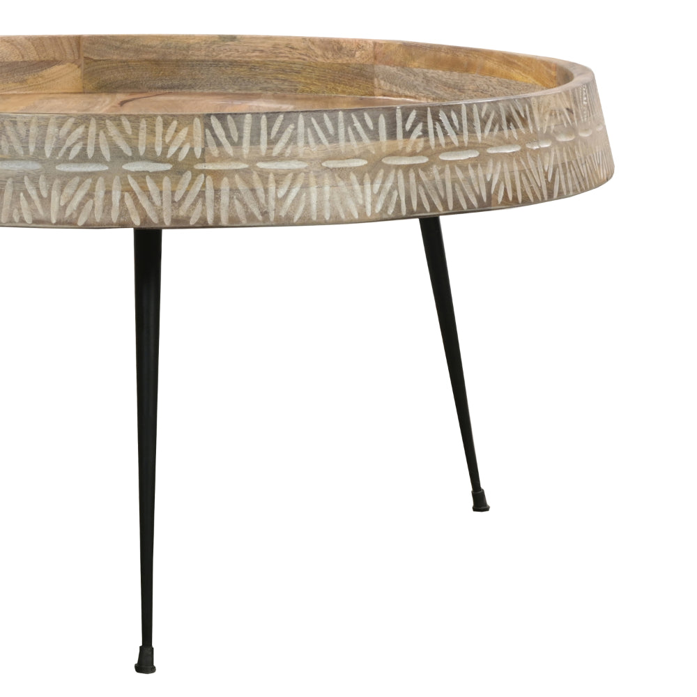 Gia 29 Inch Modern Handcrafted Round Coffee Table, Natural Brown Wood Top with Carved Edge, Black Iron Legs - UPT-293094