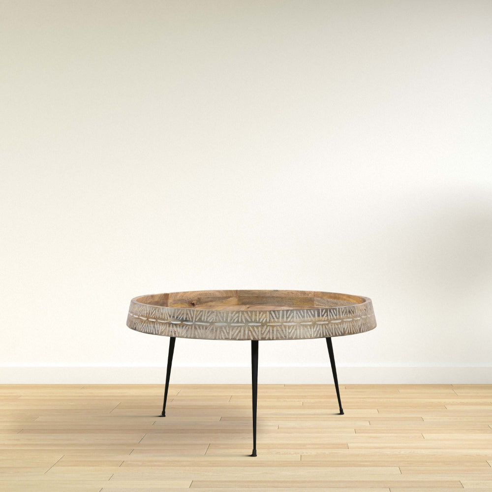 Gia 29 Inch Modern Handcrafted Round Coffee Table, Natural Brown Wood Top with Carved Edge, Black Iron Legs - UPT-293094