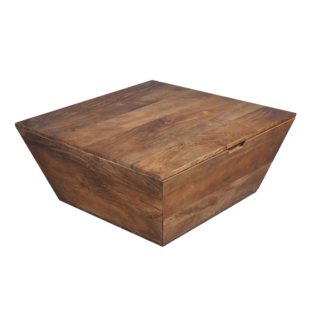 36 Inch Handcrafted Modern Farmhouse Coffee Table, Geometric Angled Square, 1 Drawer, Walnut Mango Wood  - UPT-293095