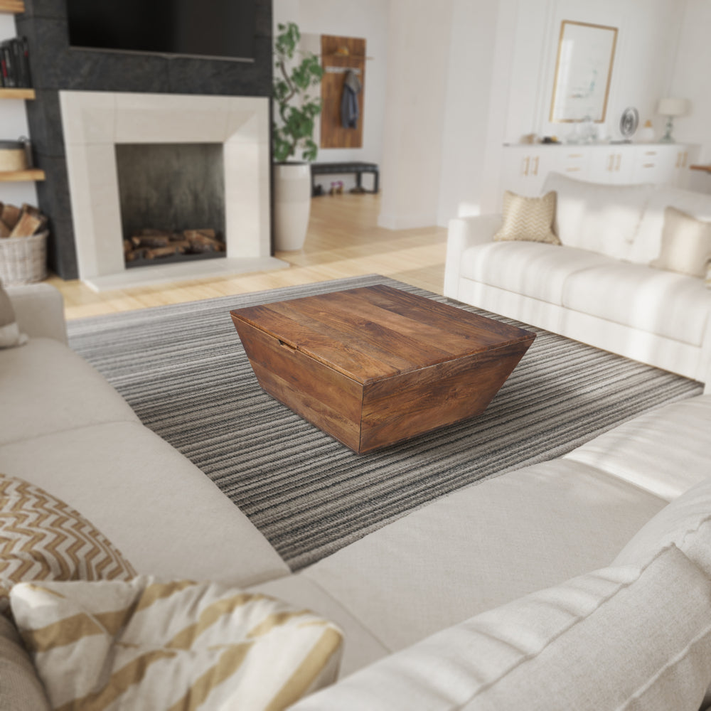 36 Inch Handcrafted Modern Farmhouse Coffee Table, Geometric Angled Square, 1 Drawer, Walnut Mango Wood  - UPT-293095