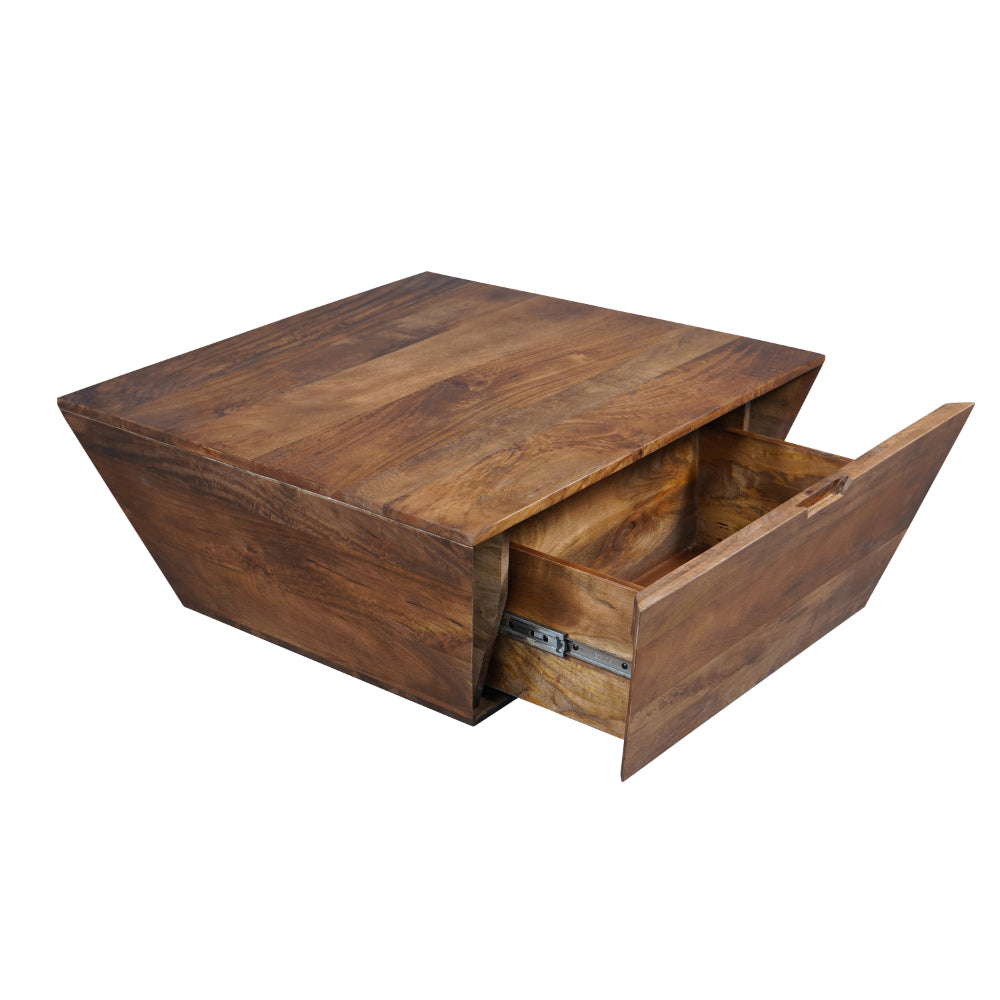 36 Inch Handcrafted Modern Farmhouse Coffee Table, Geometric Angled Square, 1 Drawer, Walnut Mango Wood  - UPT-293095