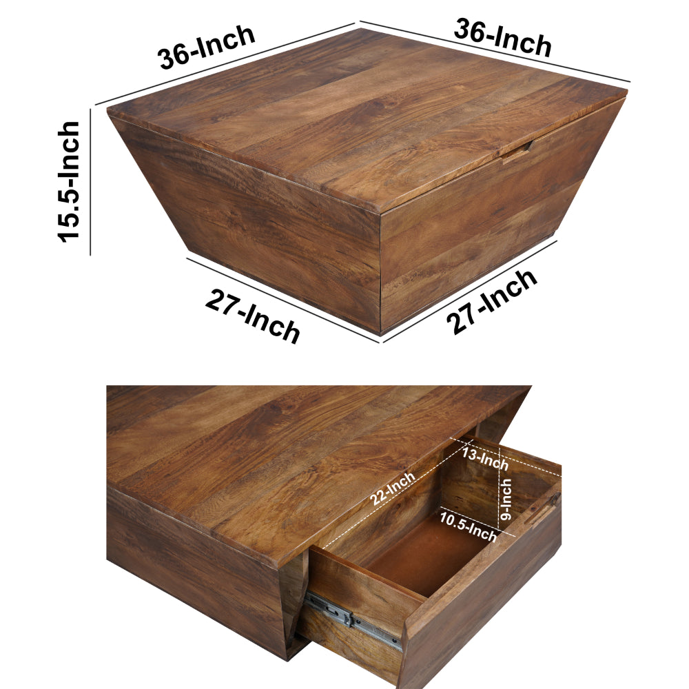 36 Inch Handcrafted Modern Farmhouse Coffee Table, Geometric Angled Square, 1 Drawer, Walnut Mango Wood  - UPT-293095