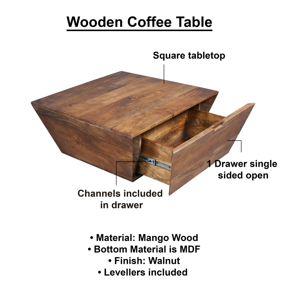 36 Inch Handcrafted Modern Farmhouse Coffee Table, Geometric Angled Square, 1 Drawer, Walnut Mango Wood  - UPT-293095