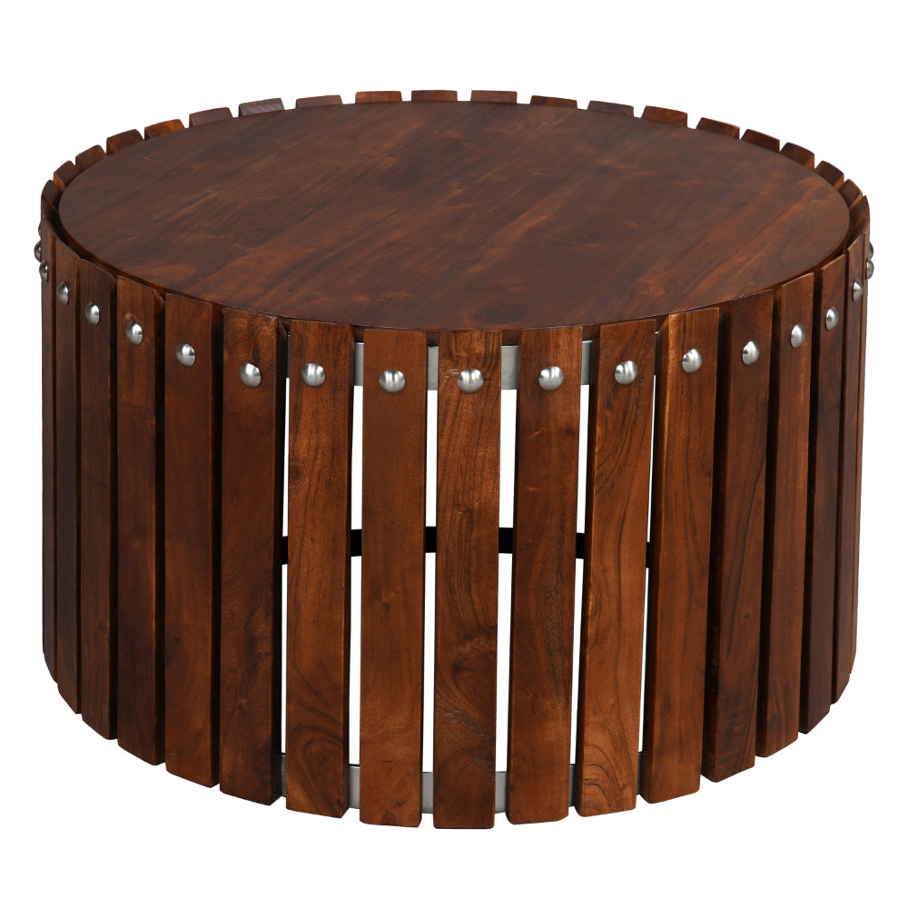 Myla 31 Inch Handcrafted Round Coffee Table with Vertical Planks, Iron Rivets, Dark Walnut Brown Acacia Wood - UPT-293096