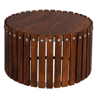 Myla 31 Inch Handcrafted Round Coffee Table with Vertical Planks, Iron Rivets, Dark Walnut Brown Acacia Wood - UPT-293096