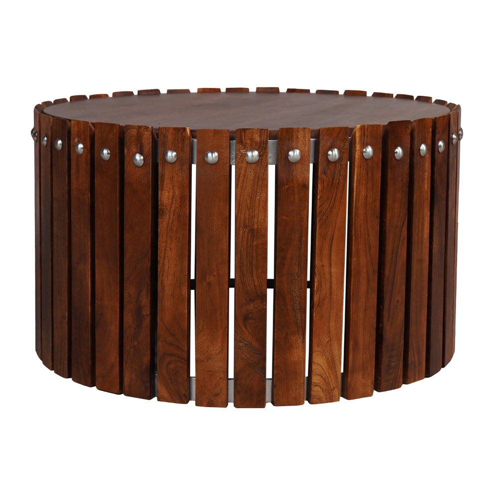 Myla 31 Inch Handcrafted Round Coffee Table with Vertical Planks, Iron Rivets, Dark Walnut Brown Acacia Wood - UPT-293096