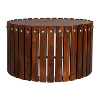 Myla 31 Inch Handcrafted Round Coffee Table with Vertical Planks, Iron Rivets, Dark Walnut Brown Acacia Wood - UPT-293096