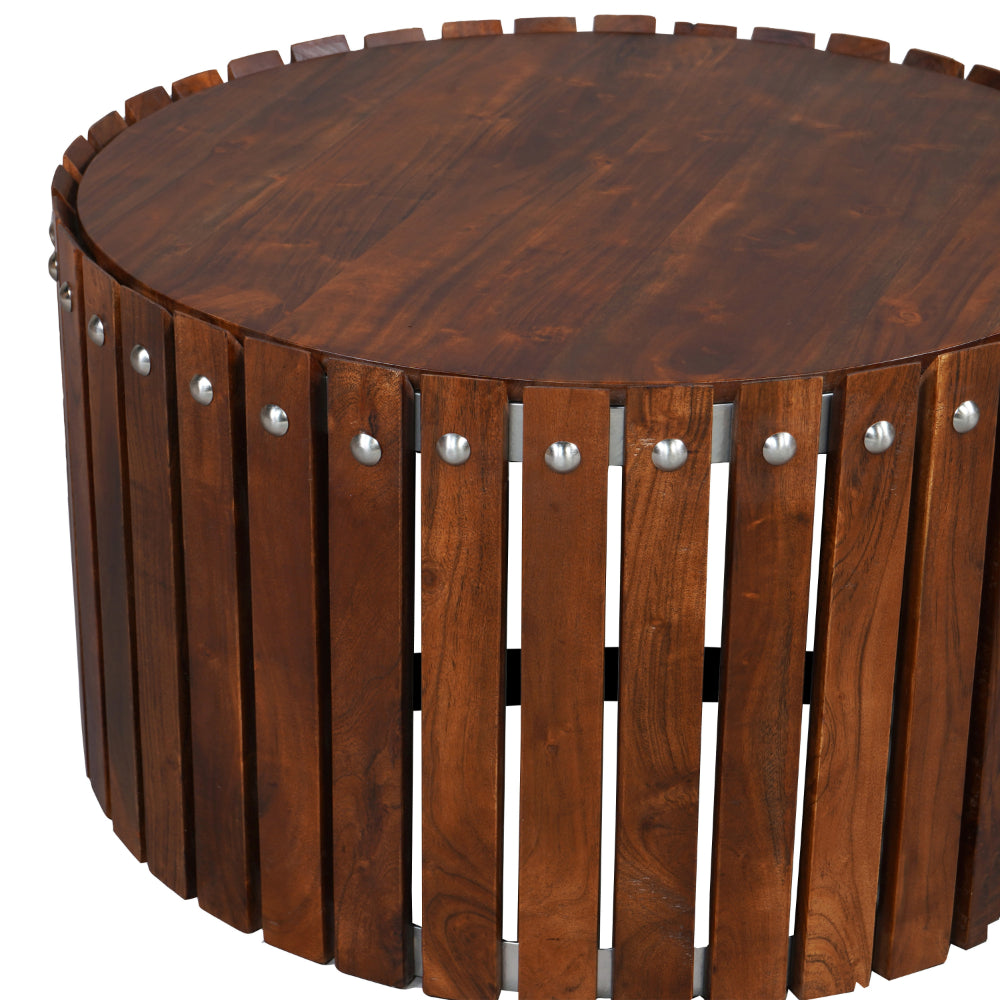 Myla 31 Inch Handcrafted Round Coffee Table with Vertical Planks, Iron Rivets, Dark Walnut Brown Acacia Wood - UPT-293096