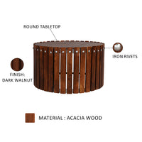 Myla 31 Inch Handcrafted Round Coffee Table with Vertical Planks, Iron Rivets, Dark Walnut Brown Acacia Wood - UPT-293096