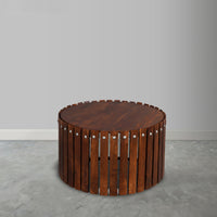 Myla 31 Inch Handcrafted Round Coffee Table with Vertical Planks, Iron Rivets, Dark Walnut Brown Acacia Wood - UPT-293096