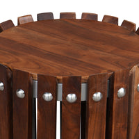Myla 15 Inch Handcrafted Round Side End Table with Vertical Planks, Iron Rivets, Dark Walnut Brown Acacia Wood - UPT-293097