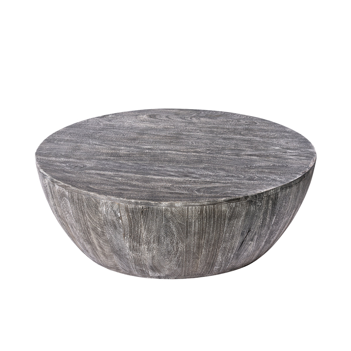 Arthur 36 Inch Farmhouse Style Handcrafted Mango Wood Coffee Table, Round Drum Shape, Sandblasted Black - UPT-293098