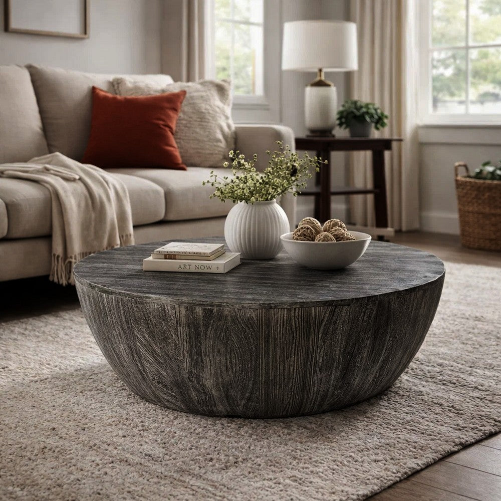Arthur 36 Inch Farmhouse Style Handcrafted Mango Wood Coffee Table, Round Drum Shape, Sandblasted Black - UPT-293098