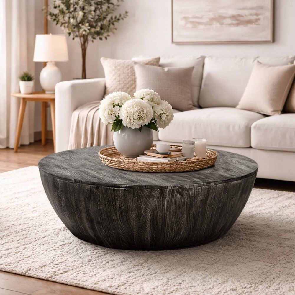 Arthur 36 Inch Farmhouse Style Handcrafted Mango Wood Coffee Table, Round Drum Shape, Sandblasted Black - UPT-293098