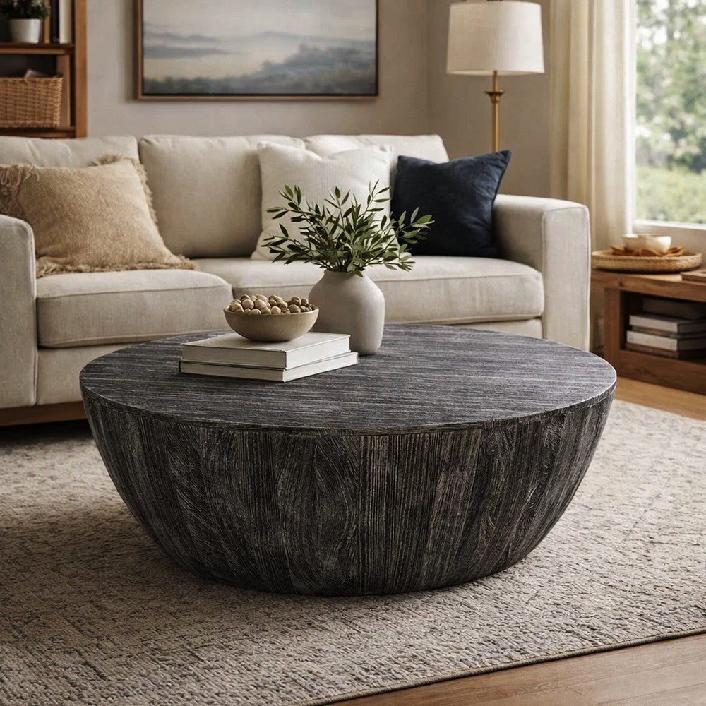 Arthur 36 Inch Farmhouse Style Handcrafted Mango Wood Coffee Table, Round Drum Shape, Sandblasted Black - UPT-293098