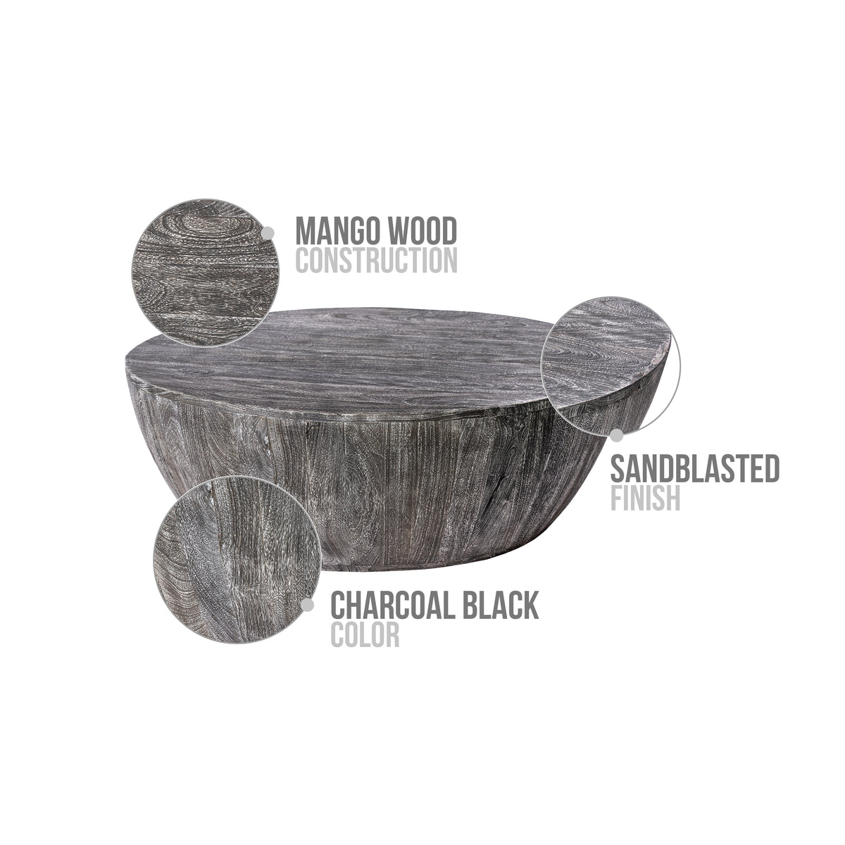 Arthur 36 Inch Farmhouse Style Handcrafted Mango Wood Coffee Table, Round Drum Shape, Sandblasted Black - UPT-293098