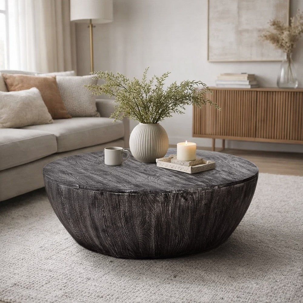 Arthur 36 Inch Farmhouse Style Handcrafted Mango Wood Coffee Table, Round Drum Shape, Sandblasted Black - UPT-293098