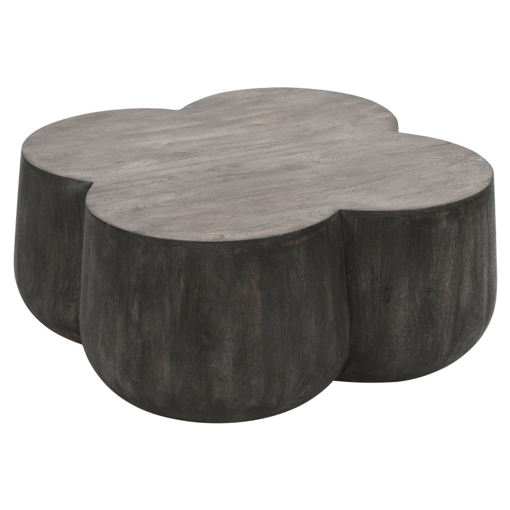 36 Inch Artisanal Classic Coffee Table, Clover Leaf Drum Shaped Mango Wood Frame, Gray - UPT-293346