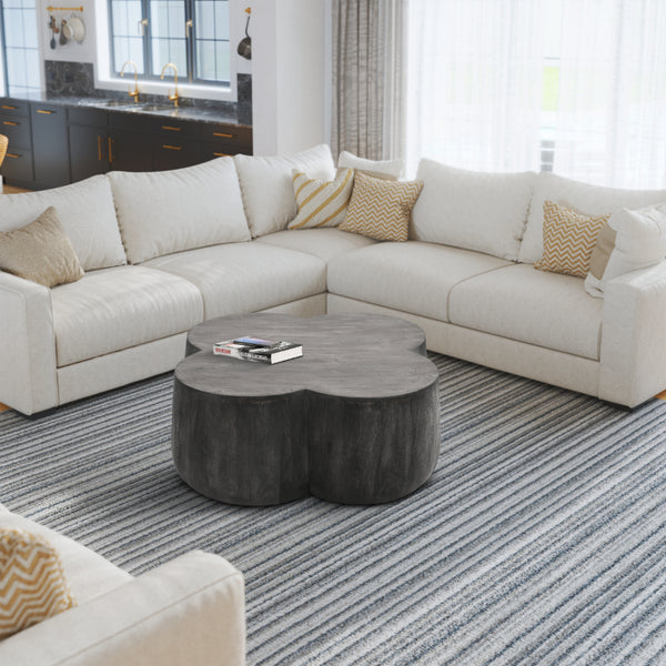 36 Inch Artisanal Classic Coffee Table, Clover Leaf Drum Shaped Mango Wood Frame, Gray - UPT-293346