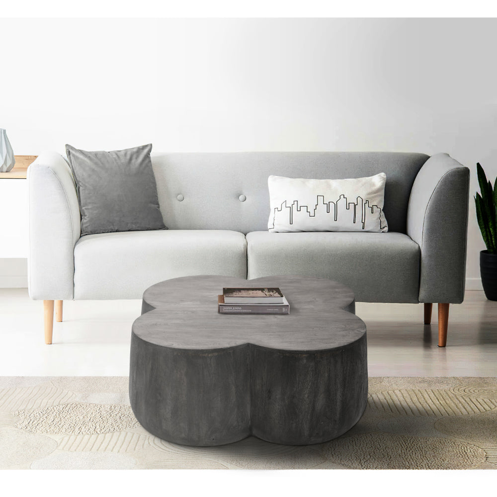 36 Inch Artisanal Classic Coffee Table, Clover Leaf Drum Shaped Mango Wood Frame, Gray - UPT-293346