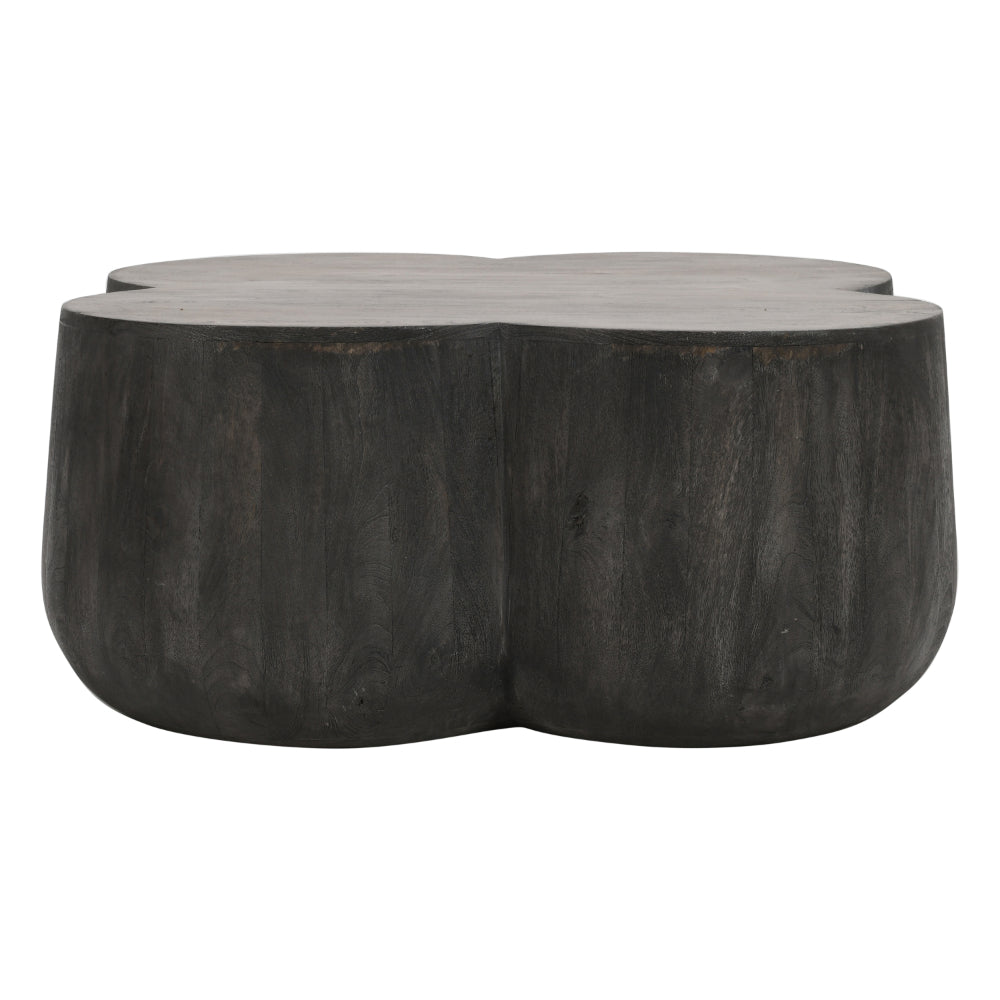 36 Inch Artisanal Classic Coffee Table, Clover Leaf Drum Shaped Mango Wood Frame, Gray - UPT-293346