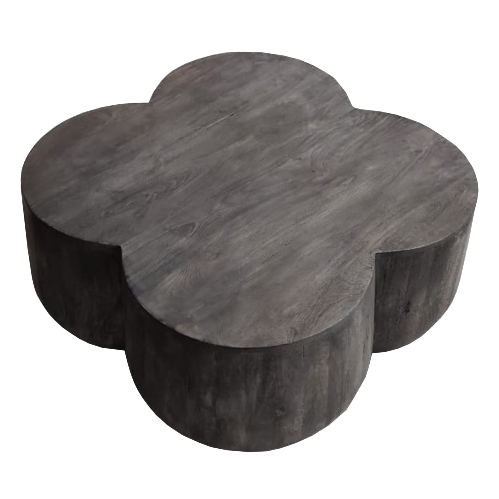 36 Inch Artisanal Classic Coffee Table, Clover Leaf Drum Shaped Mango Wood Frame, Gray - UPT-293346