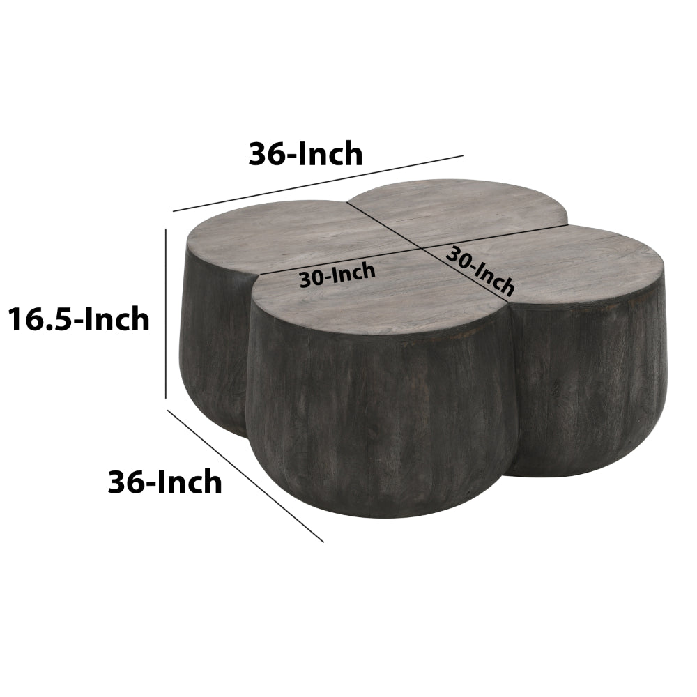 36 Inch Artisanal Classic Coffee Table, Clover Leaf Drum Shaped Mango Wood Frame, Gray - UPT-293346