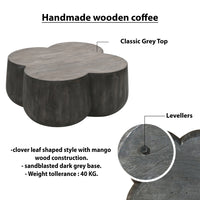 36 Inch Artisanal Classic Coffee Table, Clover Leaf Drum Shaped Mango Wood Frame, Gray - UPT-293346