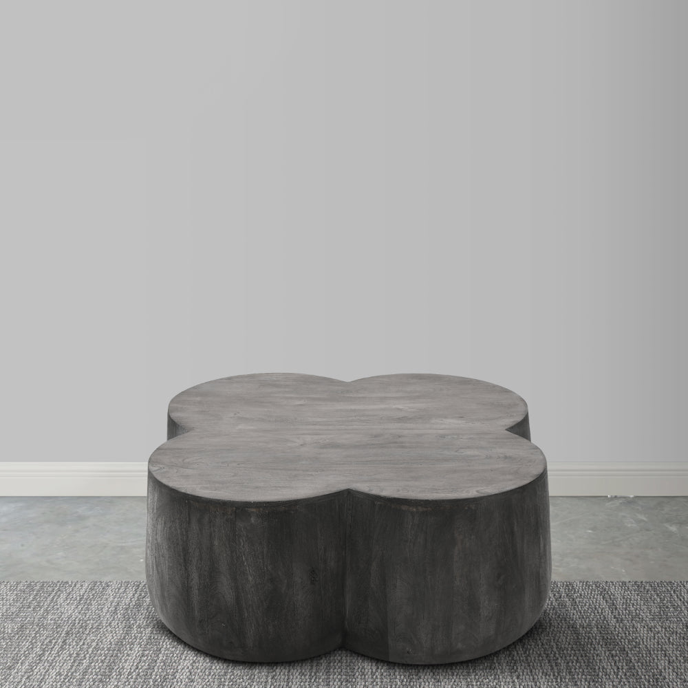 36 Inch Artisanal Classic Coffee Table, Clover Leaf Drum Shaped Mango Wood Frame, Gray - UPT-293346