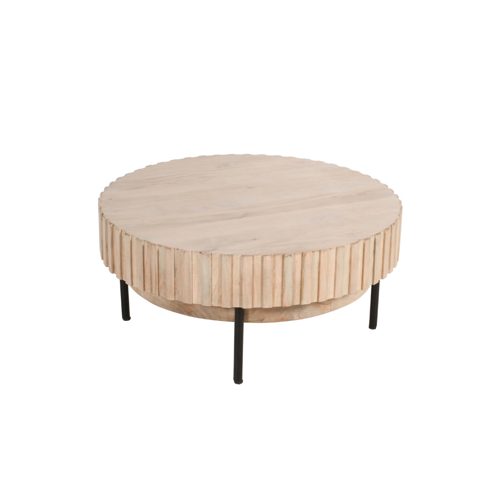 36 Inch Modern Handcrafted Round Coffee Table, Oak White Wood Top with Grooved Edges, Black Iron Legs - UPT-293347