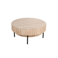 36 Inch Modern Handcrafted Round Coffee Table, Oak White Wood Top with Grooved Edges, Black Iron Legs - UPT-293347