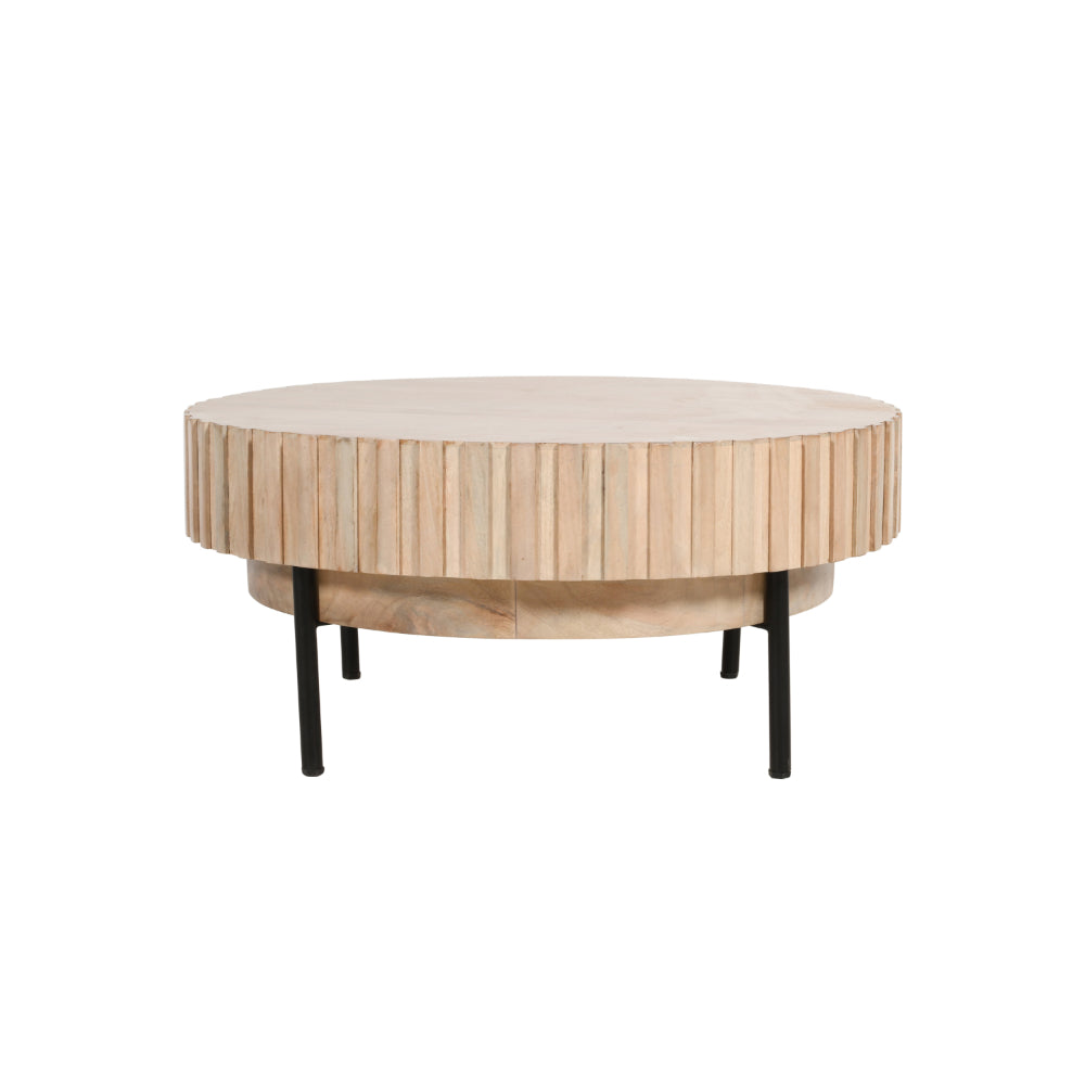 36 Inch Modern Handcrafted Round Coffee Table, Oak White Wood Top with Grooved Edges, Black Iron Legs - UPT-293347