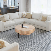 36 Inch Modern Handcrafted Round Coffee Table, Oak White Wood Top with Grooved Edges, Black Iron Legs - UPT-293347